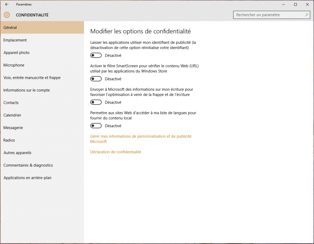 confidentialité W10