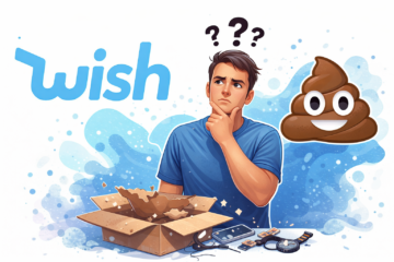 Illustration montrant un acheteur hésitant entre Wish et un produit décevant reçu après une commande en ligne