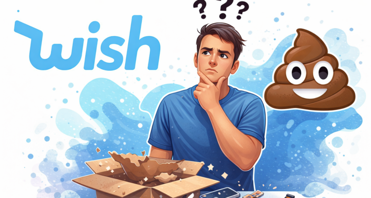 Illustration montrant un acheteur hésitant entre Wish et un produit décevant reçu après une commande en ligne