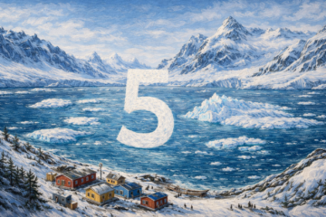 Paysage glaciaire avec village polaire coloré au bord de l’eau sous un ciel bleu évoquant une atmosphère froide et isolée