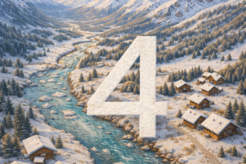 Vue aérienne de chalets alpins bordant une rivière en montagne avec le chiffre 4 en hiver