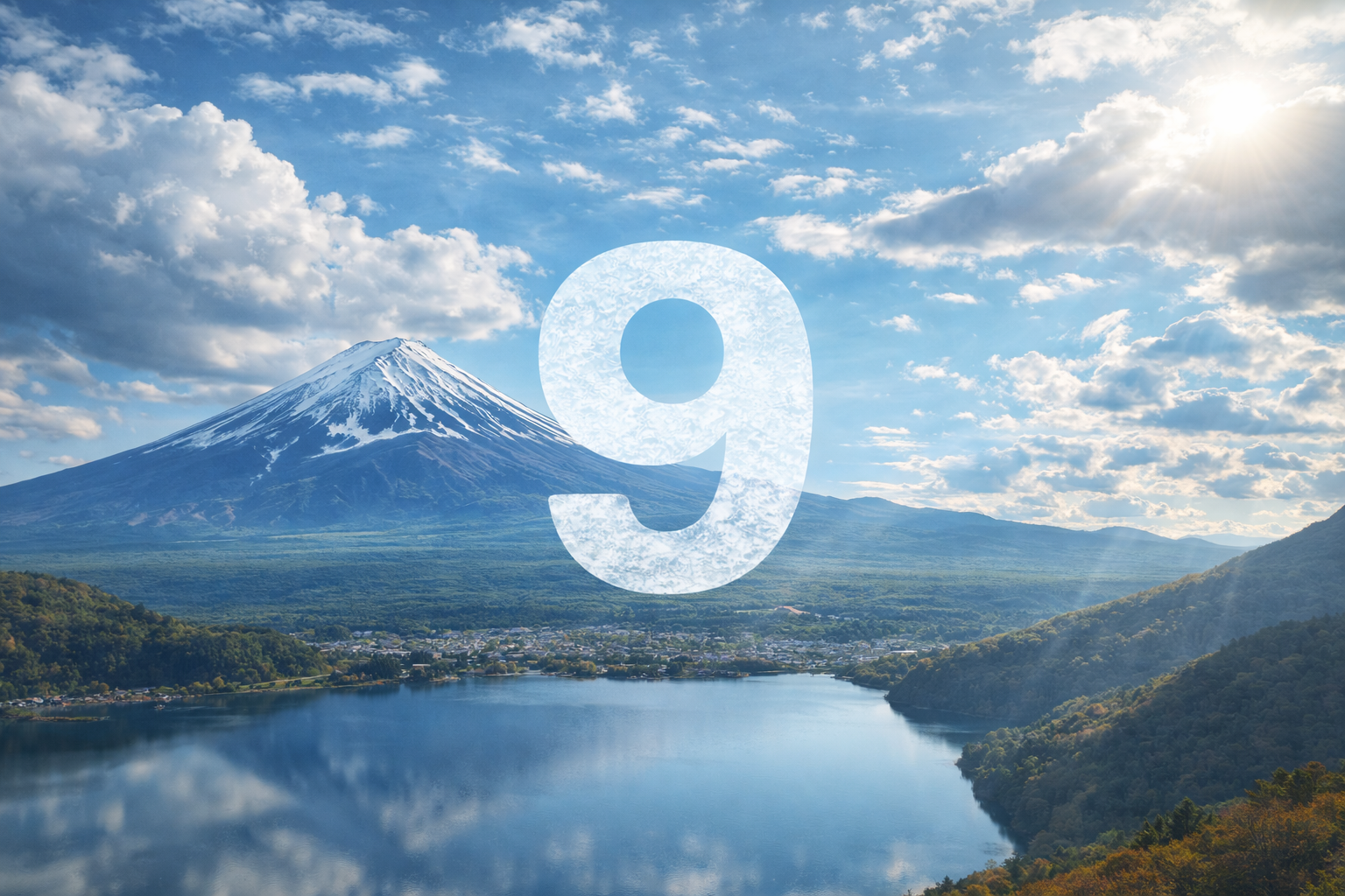 Mont Fujiyama sous un ciel nuageux et lumineux avec grand chiffre 9 en premier plan