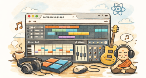 Interface d’un studio audio multipiste dans un navigateur avec pads MIDI et mixeur