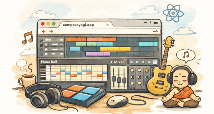 Interface d’un studio audio multipiste dans un navigateur avec pads MIDI et mixeur