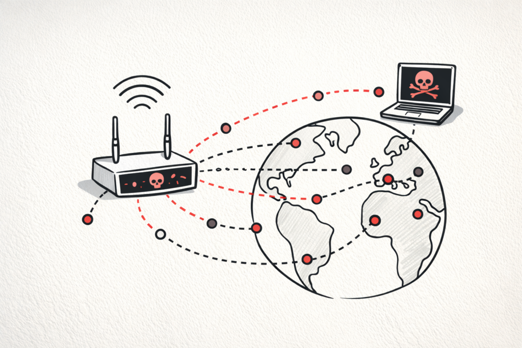 Illustration simple montrant un routeur piraté utilisé dans un botnet mondial reliant plusieurs machines sur Internet