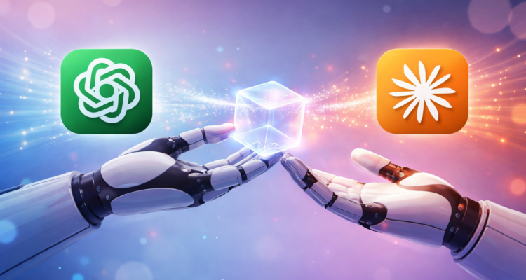 Illustration conceptuelle de migration de mémoire entre assistants IA avec Claude et ChatGPT