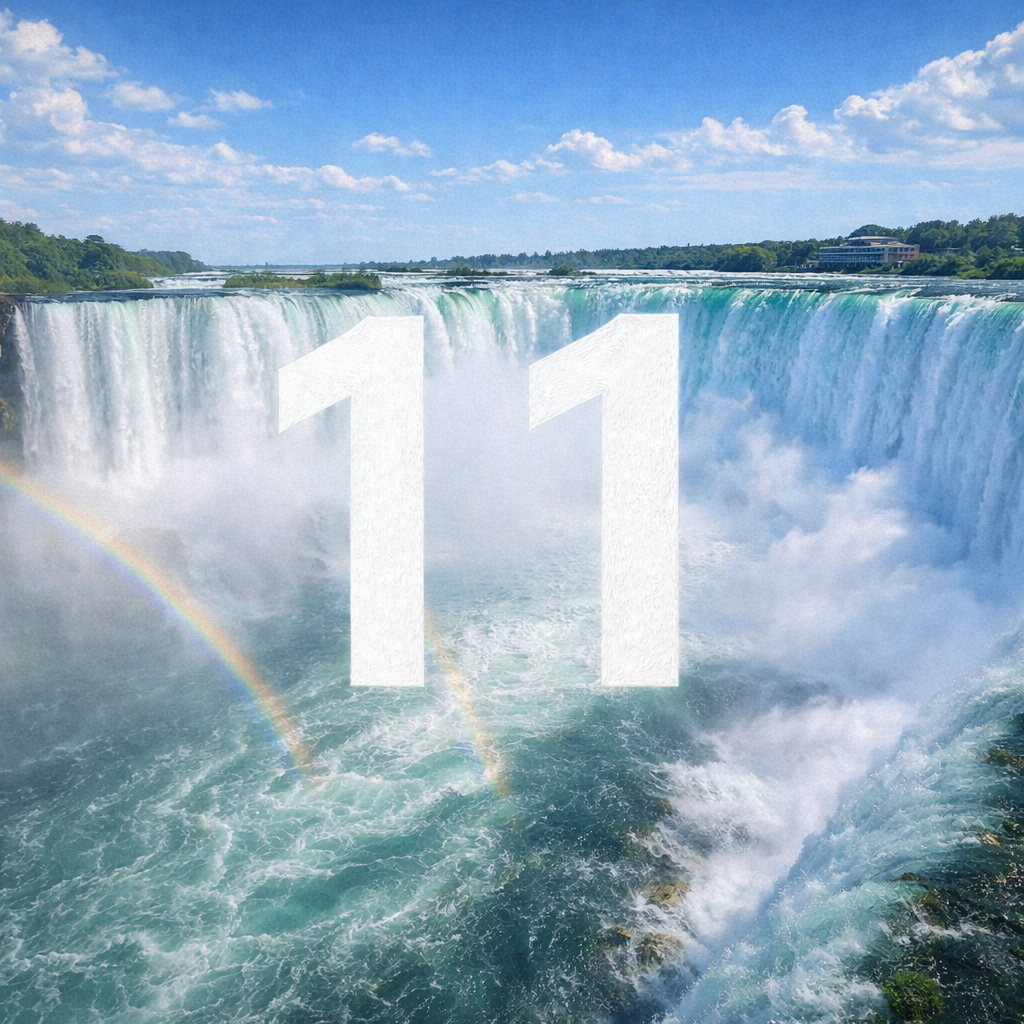 Les chutes du Niagara vues d’en haut avec le chiffre 11 en grand au centre de l’image