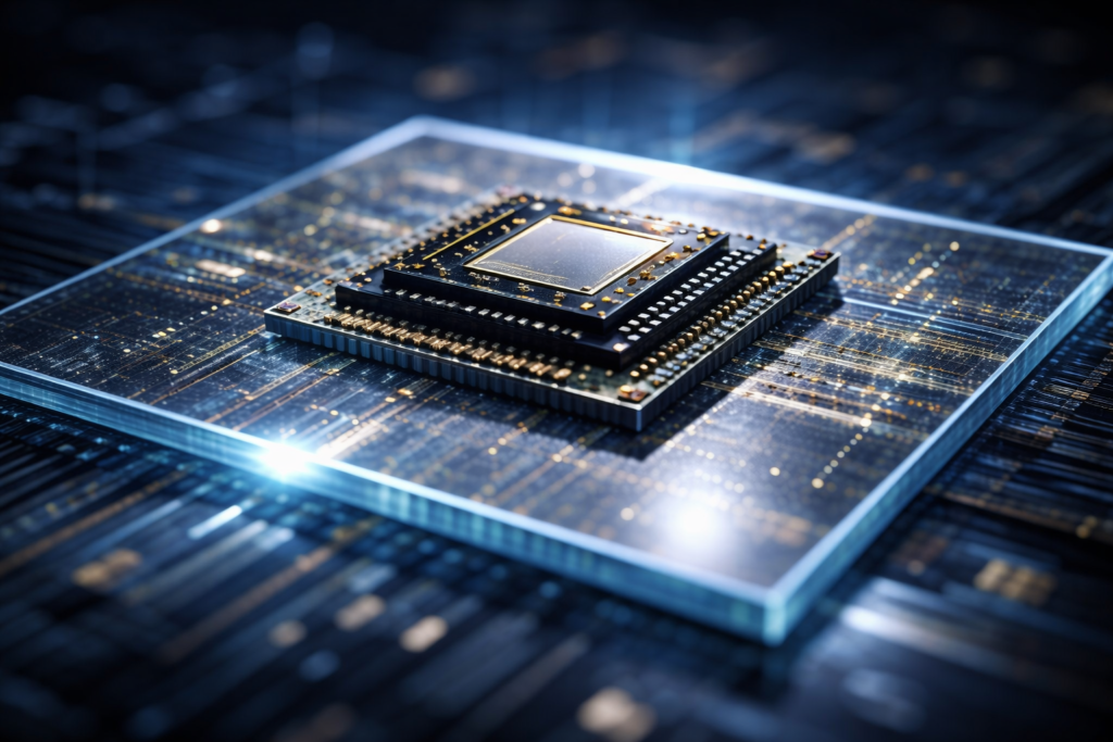 Gros plan sur une puce informatique posée sur un substrat en verre utilisé pour les futurs processeurs d’intelligence artificielle