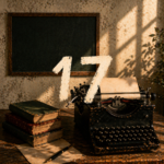 Machine à écrire vintage sur un bureau ancien avec le chiffre 17 en fond