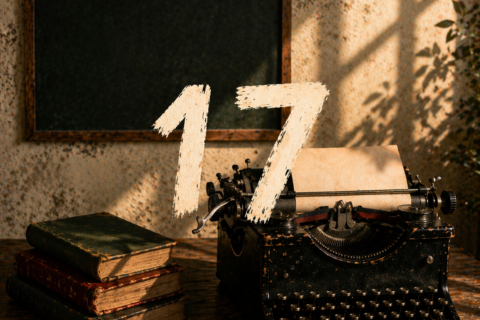 Machine à écrire vintage sur un bureau ancien avec le chiffre 17 en fond