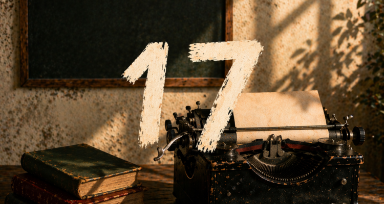 Machine à écrire vintage sur un bureau ancien avec le chiffre 17 en fond