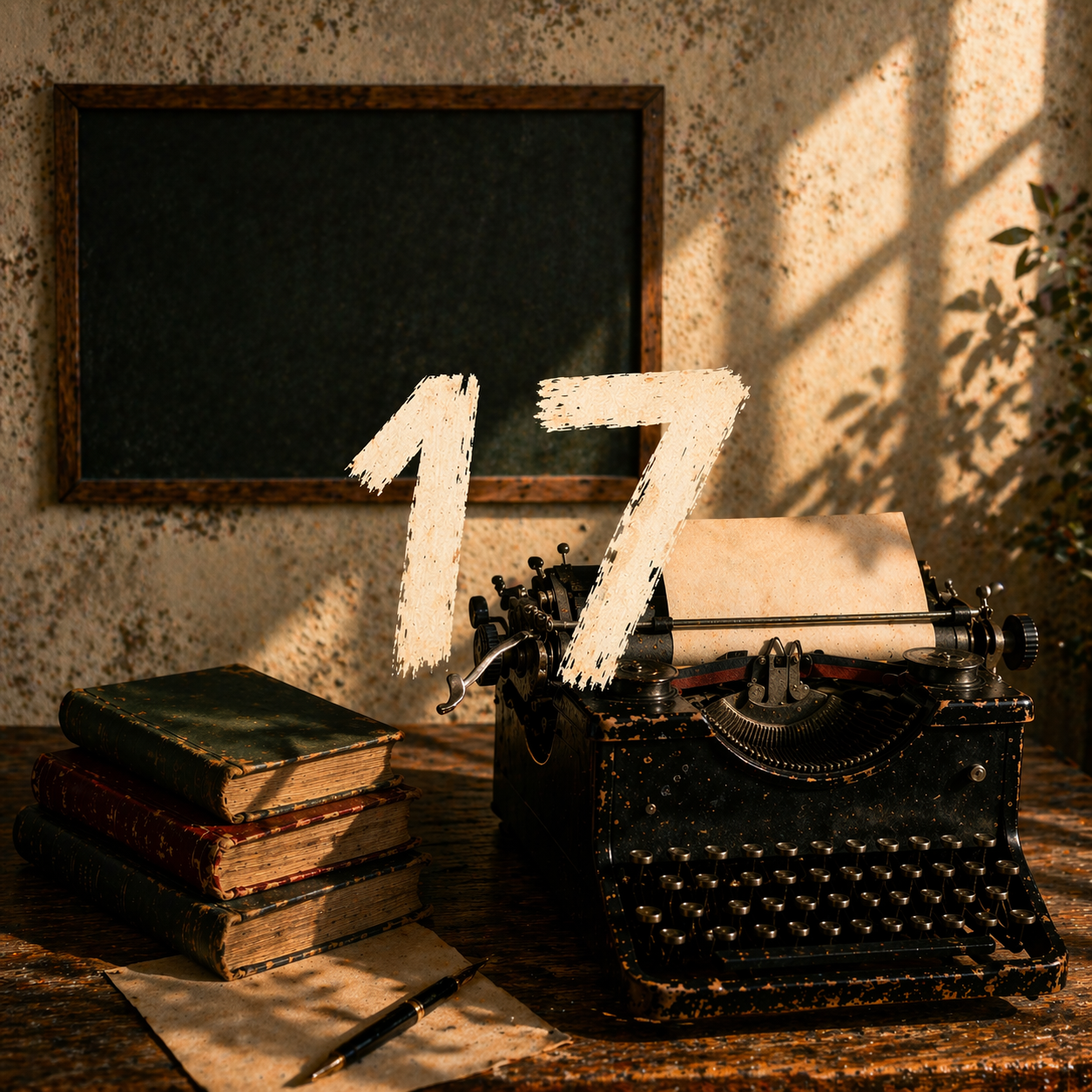 Machine à écrire vintage sur un bureau ancien avec le chiffre 17 en fond